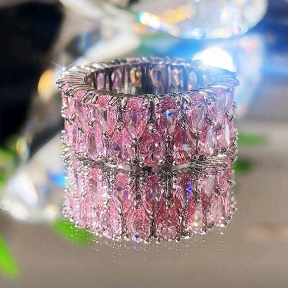 925 Silver Pear Waterdrop Cut Romantic Pink Cubic Zirconia Ring Sz 8 - Picture 3 of 5